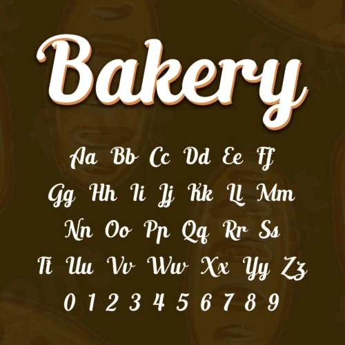 Image showing all characters available in the Bakery font created by FontStation.