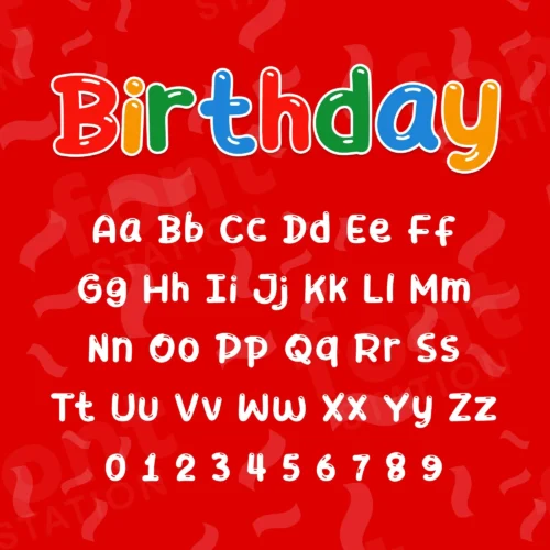 Image showing all characters available in the Birthday Party font created by FontStation.