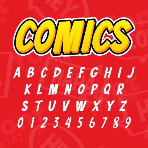 Image showing all characters available in the Comic Book font created by FontStation.