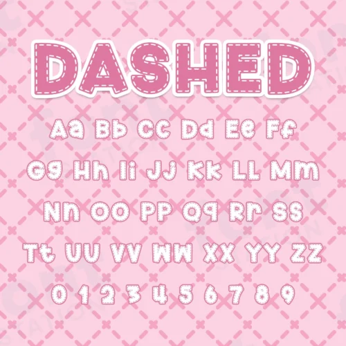 Image showing all characters available in the Dashed font created by FontStation.