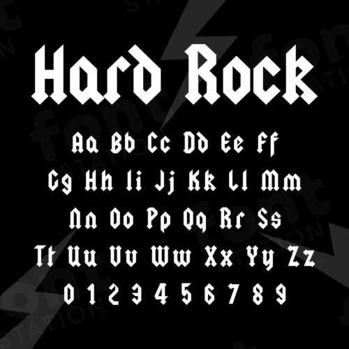 Image showing all characters available in the Hard Rock font created by FontStation.