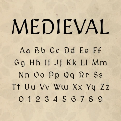 Image showing all characters available in the Medieval font created by FontStation.