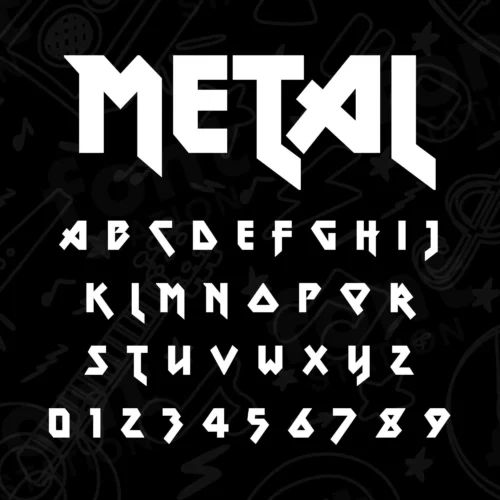 Image showing all characters available in the Metal Music font created by FontStation.