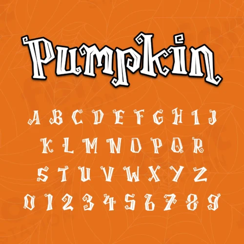 Image showing all characters available in the Pumpkin font created by FontStation.