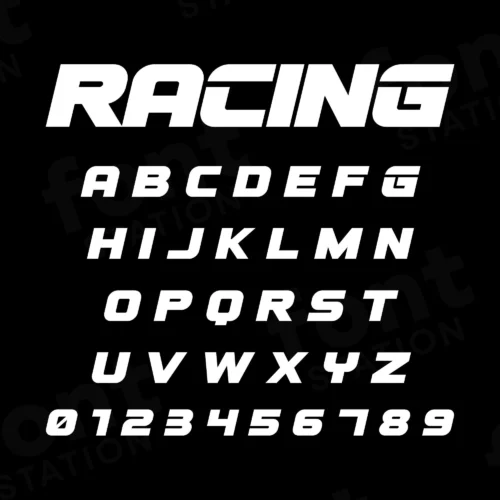 Image showing all characters available in the Racing Car font created by FontStation.