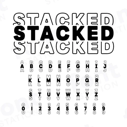 Image showing all characters available in the Stacked font created by FontStation.