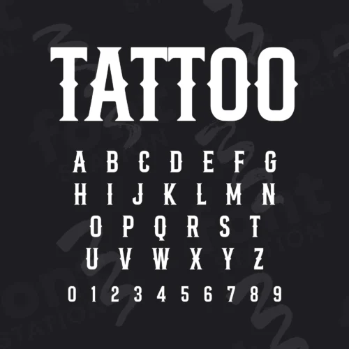 Image showing all characters available in the Tattoo Studio font created by FontStation.