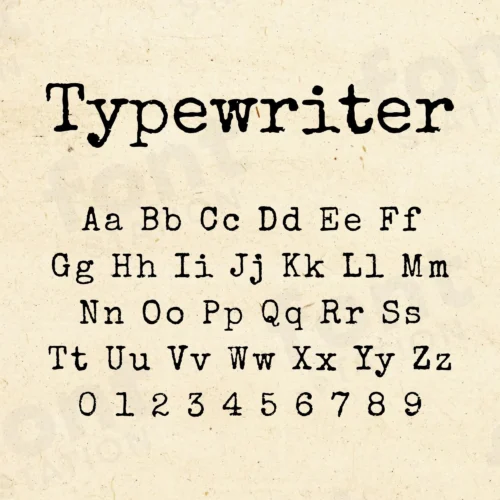 Image showing all characters available in the Typewriter font created by FontStation.