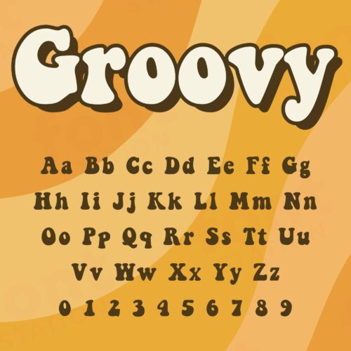 Image showing all characters available in the Groovy font created by FontStation.