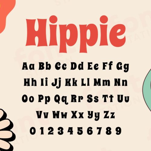 Image showing all characters available in the Hippie font created by FontStation.