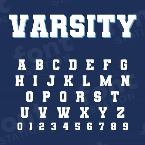 Image showing all characters available in the Varsity Sports font created by FontStation.