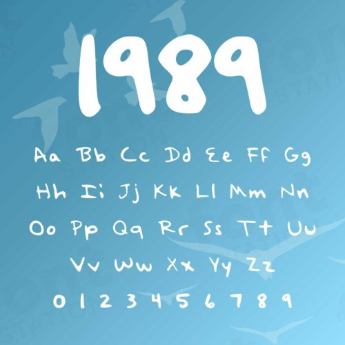 Image showing all characters available in the 1989 Taylor Version font created by FontStation.