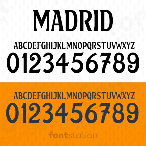 Das Bild zeigt alle verfügbaren Zeichen der Schriftart Real Madrid 2024 2025, die von FontStation erstellt wurde.